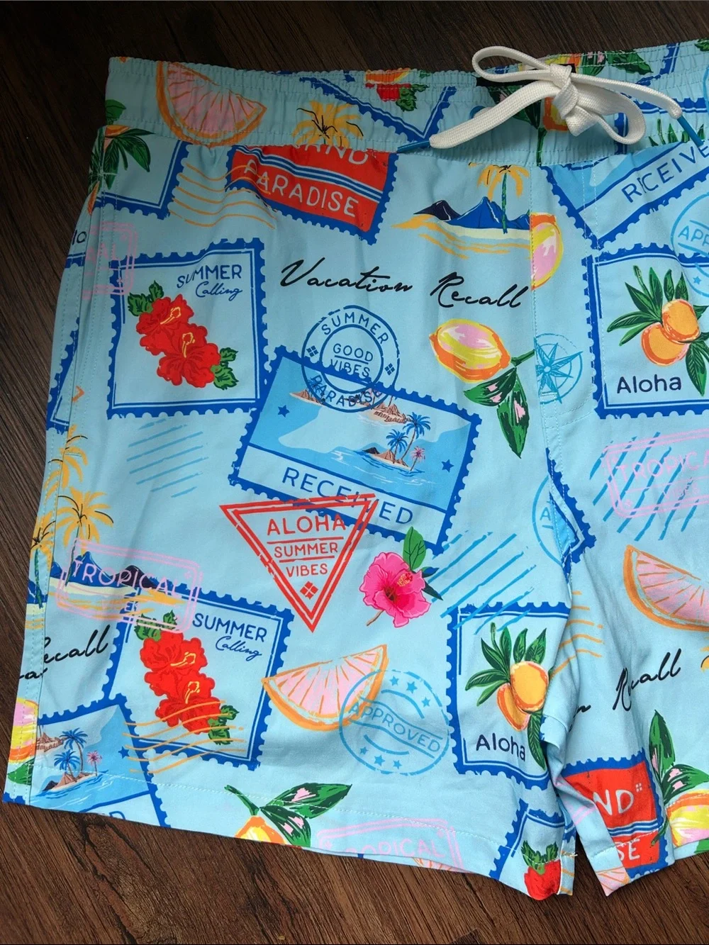 Malibu by Drill Clothing Co. swim trunks w/ all-over vacation postcard print, XL